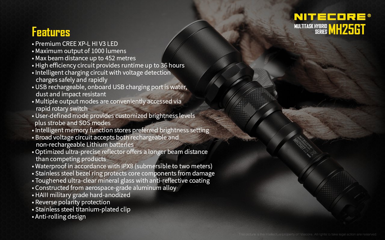 Nitecore MH25GT Hunting Torch Flashlight Kit, Rechargeable, 1000 Lumens, 452m Range - Australian Tactical Precision
