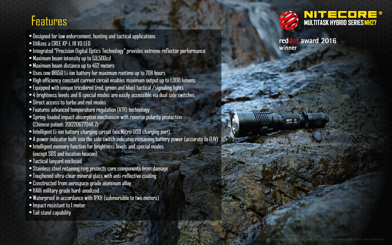 Nitecore MH27 Hunting Torch Flashlight Kit, Rechargeable, 1000 Lumens, 462m Range - Australian Tactical Precision