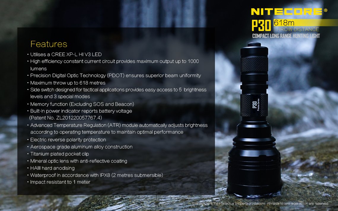 Nitecore P30 Hunting Torch Flashlight Kit, Rechargeable, 1000 Lumens, 618m Range - Australian Tactical Precision