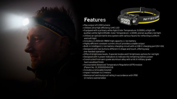 Nitecore UHE Metal Headlamp Torch with Triple Output, 2000 Lumens #HC65UHE - Image 6