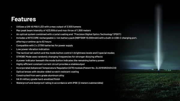 Nitecore MH40 Pro Hunting Torch Flashlight Kit, Rechargeable, 3500 Lumens, 1300m Range - Image 3